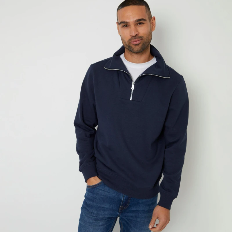 Image of Threadbare Quarter Zip Funnel Neck Sweatshirt Navy