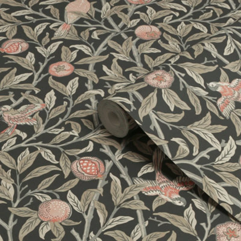 Image of William Morris Gallery Collection Charcoal Bird & Pomegranate Smooth Wallpaper
