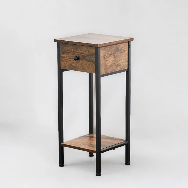 Image of Rafaelo Mobilia Industrial Narrow Bedside Table With Drawer in Brown Brown Unisex