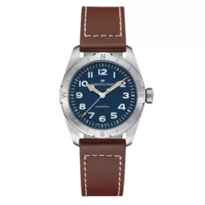 Image of Hamilton Khaki Field Expedition Auto Blue Dial Brown Leather Strap Mens Watch H70225540