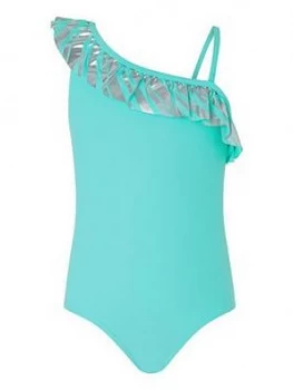Image of Monsoon Girls Malibu Stripe Frill Swimsuit - Turquoise