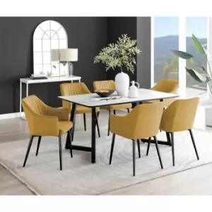Image of Furniture Box Carson White Marble Effect Dining Table and 6 Mustard Calla Black Leg Chairs