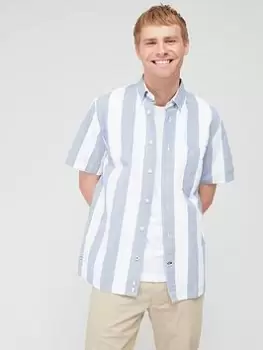 Image of Tommy Hilfiger Striped Short Sleeve Regular Fit Shirt - White/Blue Size L, Men