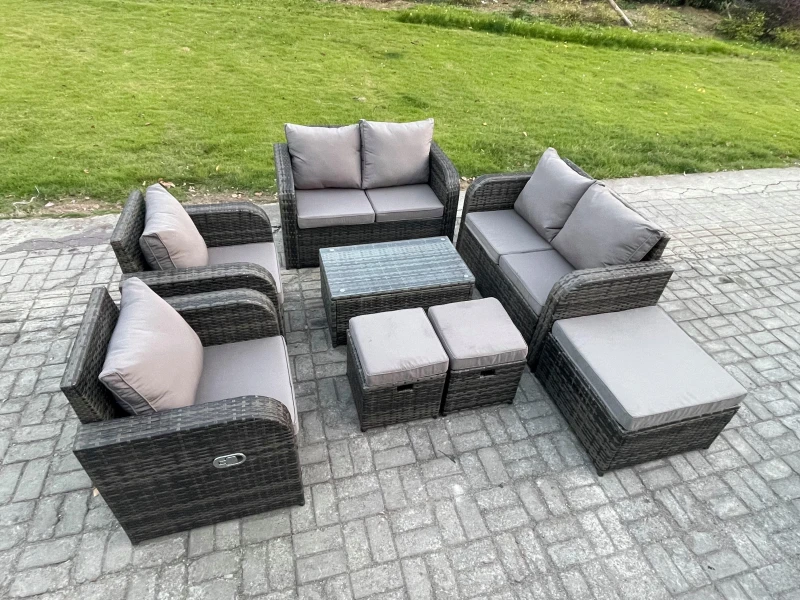 Image of Fimous 9 Seater Rattan Garden Furniture Set Patio Outdoor Lounge Sofa Set with Rectangular Coffee Table 3 Footstools Love Sofa Dark Grey Mixed Dark Gr