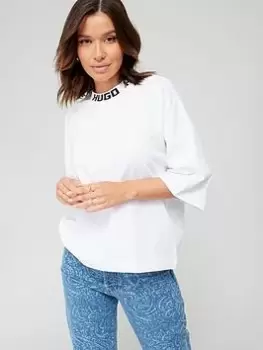 Image of HUGO Dinaya Logo Neck Boxy T-Shirt - White Size M Women