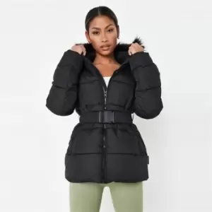 Image of Missguided Belted Fur Hood Puffer - Black
