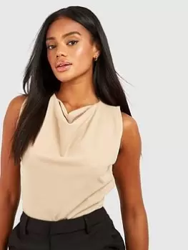 Image of Boohoo Crepe Cowl Neck Belted Blouse - Stone, Beige, Size 14, Women