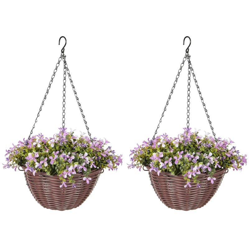 Image of HOMCOM Artificial Flowers in Basket Set of 2 with 75 Leaves and 15 Flowers, Purple 830-985V00VT