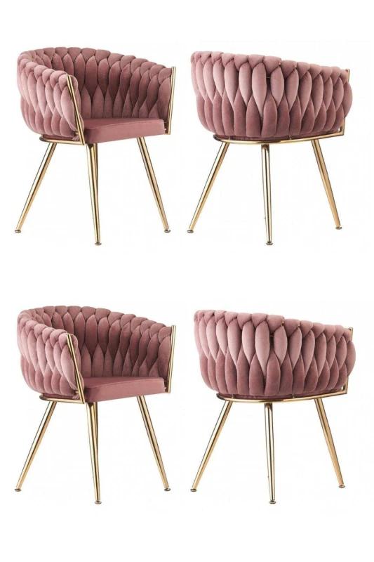 Image of Life Interiors Set of 4 Roma Knot Velvet Armchairs with Gold Metal Legs, Modern Tufted Design for Living Room in Pink Pink Unisex