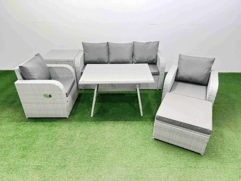 Image of Fimous Reclining Chair 3 Seat Sofa Set Garden Furniture Set with Big Stool in Light Grey Light Grey Unisex