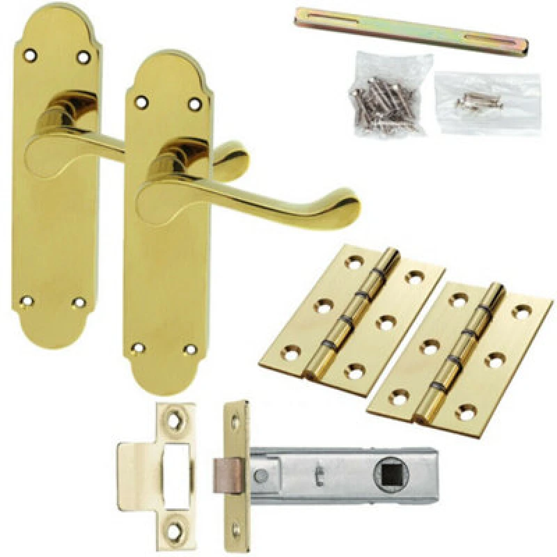 Image of Loops Door Handle & Latch Pack Brass Victorian Upturn Lever Turn Rounded Backplate Metallics