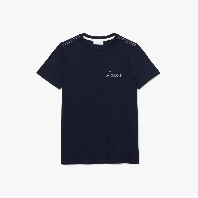 Image of Lacoste Crewneck Embroidered Lettering Cotton T-Shirt - Blue Blue 8