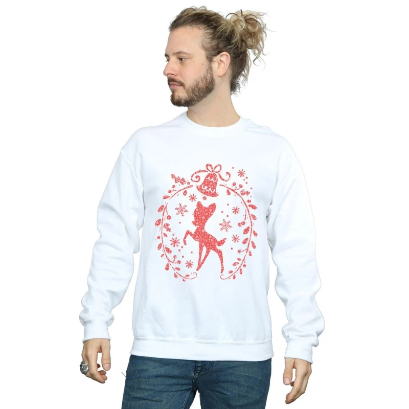 Image of Disney Men Bambi Christmas Wreath Sweatshirt in White Size: Small White S Male 5057245992510