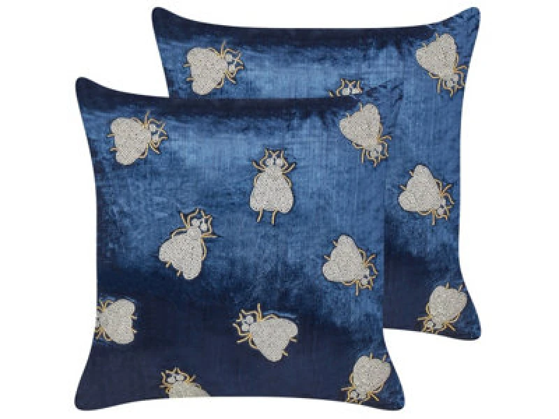 Image of Beliani Set Of 2 Decorative Cushions Pentas Velvet 45 X 45cm Navy Blue Animal Pattern