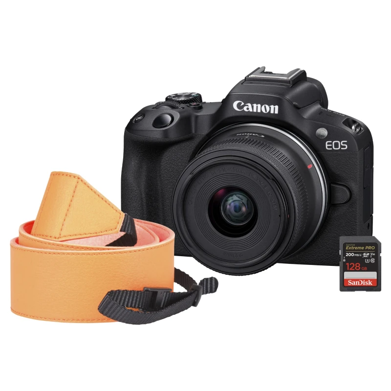 Image of Canon EOS R50 Camera Kit inc RF-S 18-45mm Lens. SanDisk 128GB SD Card