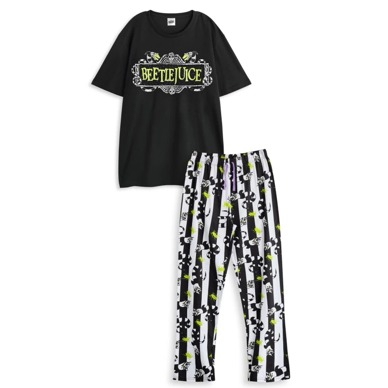 Image of Beetlejuice Beetlejuice Men Short Sleeve Long Leg Pyjama Set in Black Size: Medium Black M Male 5063203281633