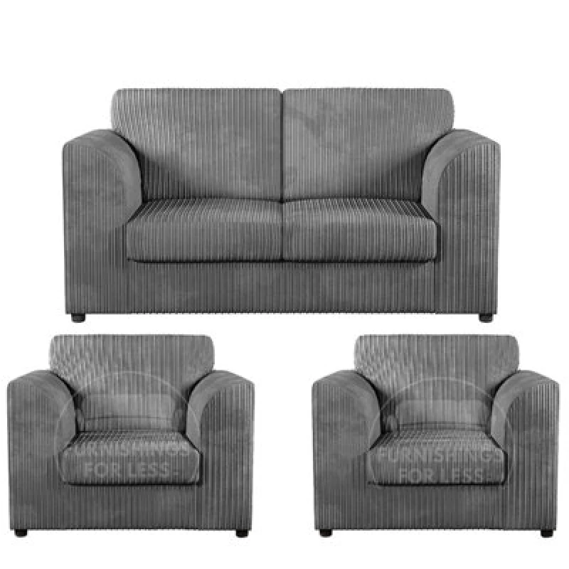 Image of Furnishings For Less UK Luxor Jumbo Cord 2 + 1 + 1 Fabric 3 Piece Sofa Suite - Fullback Grey