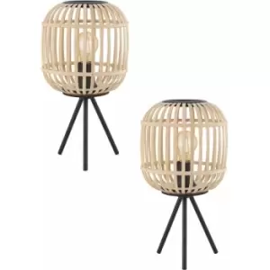 Image of 2 pack Table Lamp Desk Light Black Tripod & Round Wood Cage Shade 1x 28W E27