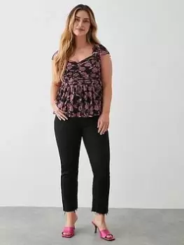 Image of Dorothy Perkins Sweetheart Ruched Frill Sleeve Top - Mono, Multi, Size L, Women