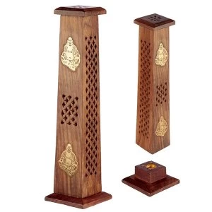 Image of Decorative Buddha Sheesham Wood Incense Burner Tower