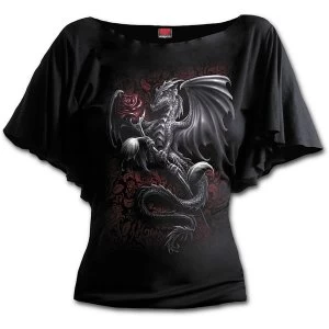 Image of Dragon Rose Boat Neck Bat Sleeve Womens Medium Short Sleeve Top - Black