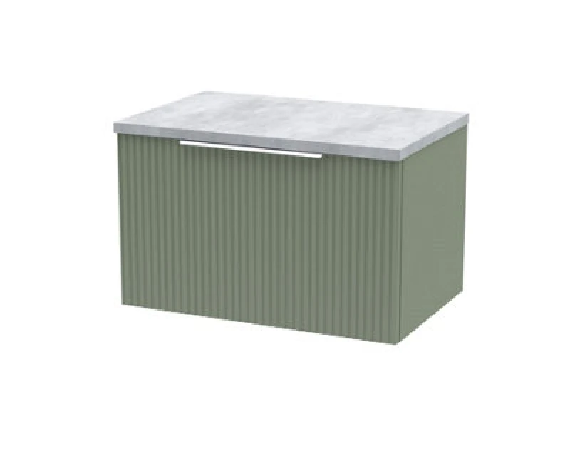 Image of Hudson Reed Fluted Wall Hung 1-Drawer Vanity Unit & Bellato Grey Laminate Worktop, Counter Top Vanity Unit In Satin Green, 600mm