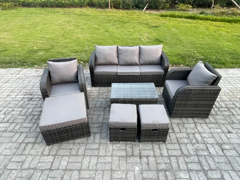 Image of Fimous 8 Seater Rattan Garden Furniture Set Patio Outdoor Lounge Sofa Set with Rectangular Coffee Table 3 Footstools Dark Grey