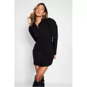 Image of I Saw It First Bengaline Puff Sleeve Ruched Shirt Dress - Black