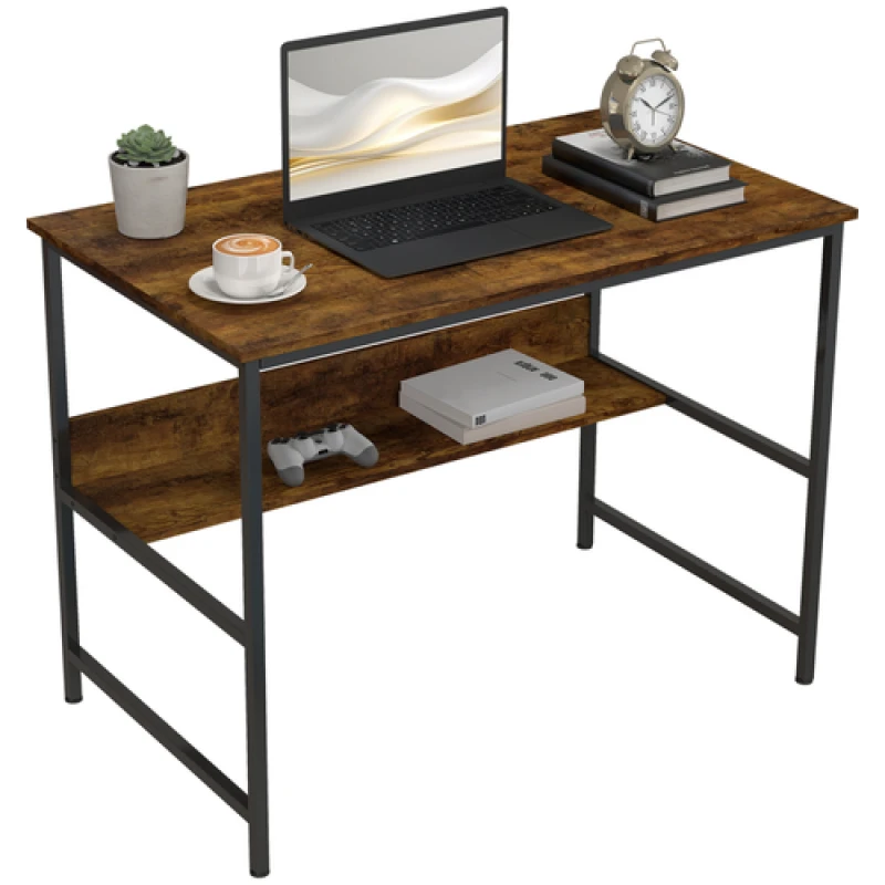 Image of HOMCOM HOMCOM 2-Tier Writing Desk Metal Frame with Storage Shelf Rustic Brown Brown One Size Unisex 5063603033962