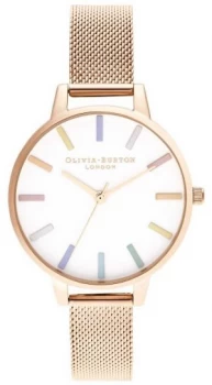 Image of Olivia Burton Womens Rainbow Rose Gold Mesh Bracelet Watch