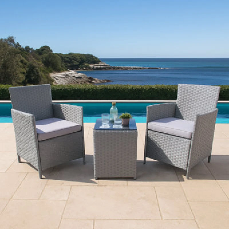 Image of 3 Pcs Rattan Bistro Set, 2 Seater Wicker Furniture Set With Glass Top Coffee Table