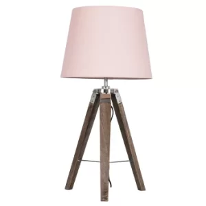 Image of Clipper Light Wood Tripod Table Lamp with Dusty Pink Aspen Shade
