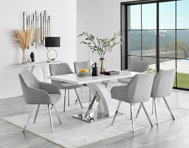 Image of FurnitureboxUK FurnitureboxUK Atlanta 6 White Dining Table and 6 Falun Silver Leg Chairs in Light Grey Light Grey One Size Unisex 5056657168469