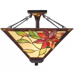 Image of Tiffany Glass Semi Flush Ceiling Light Bronze Floral Inverted Lamp Shade i00160