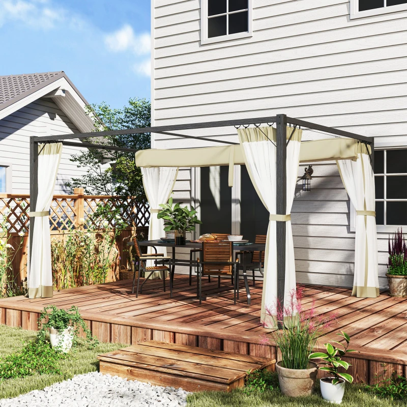 Image of Outsunny 3 x 4m Pergola with Retractable Roof and Netting, Khaki 84C-482V00KK