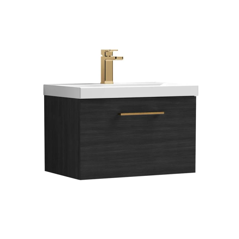 Image of Balterley 600mm Wall Hung 1 Drawer Vanity Unit, Woodgrain Black, Bronze Handle in Black Unisex