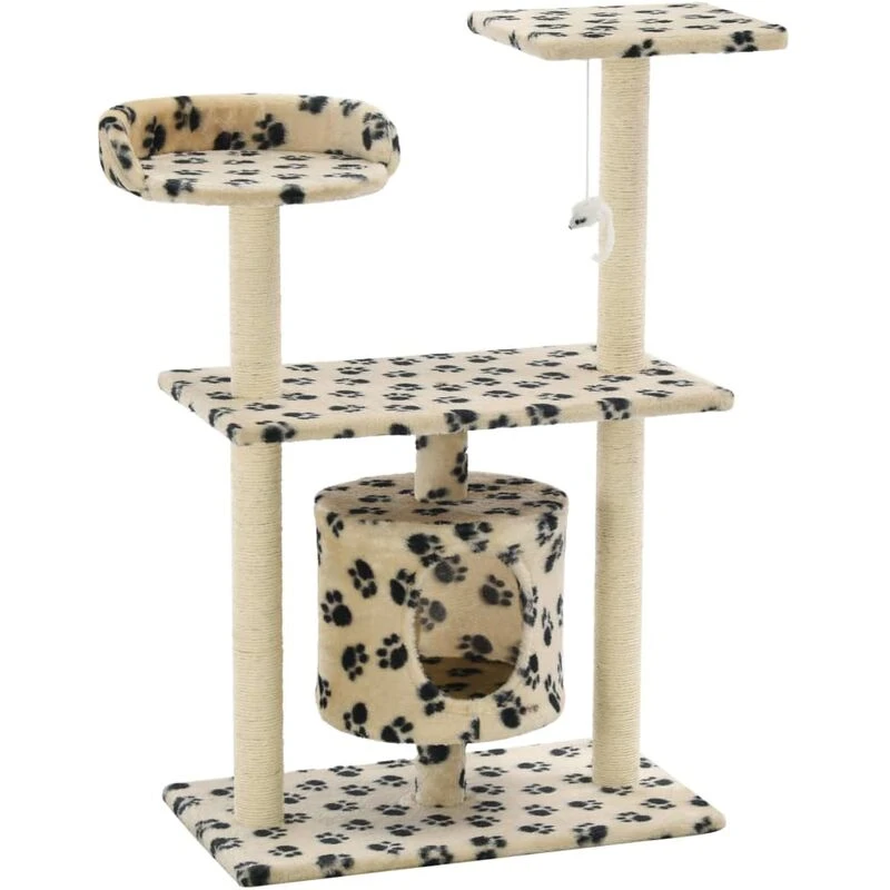 Image of vidaXL Cat Tree with Sisal Scratching Posts 95cm Beige Paw Prints Playhouse