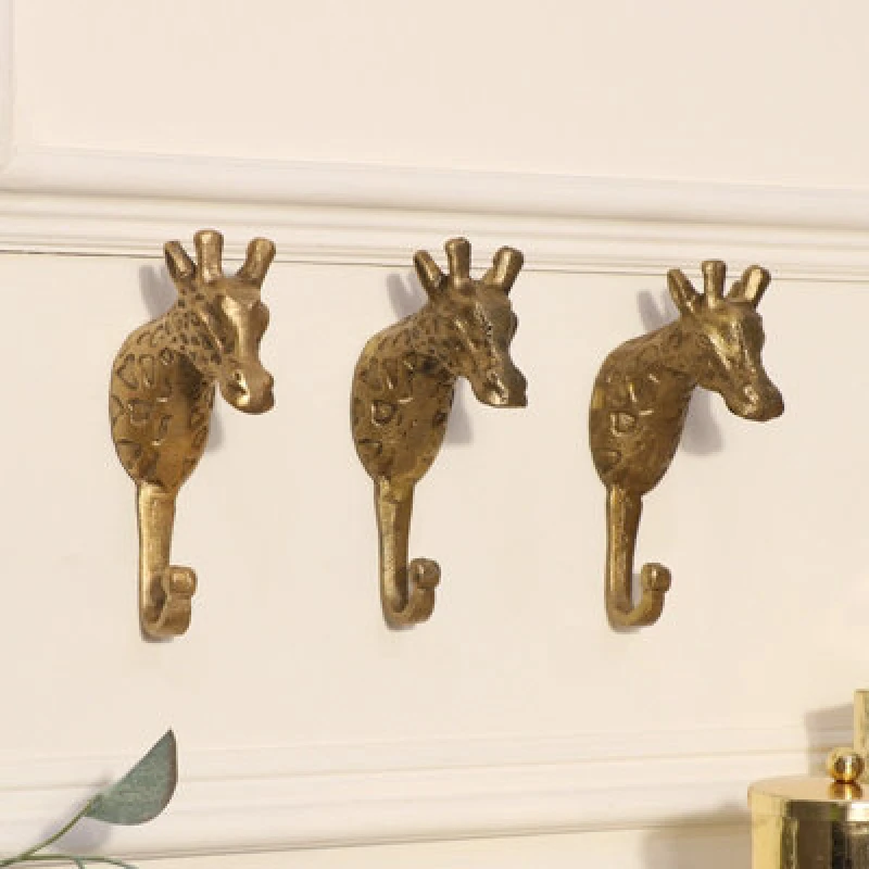 Image of Melody Maison Set Of 3 Gold Metal Giraffe Wall Hooks Gold
