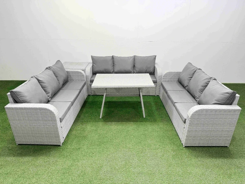Image of Fimous 9 Seat Outdoor Rattan Garden Furniture with 3 Seater Sofa Side Table in Light Grey Light Grey Unisex