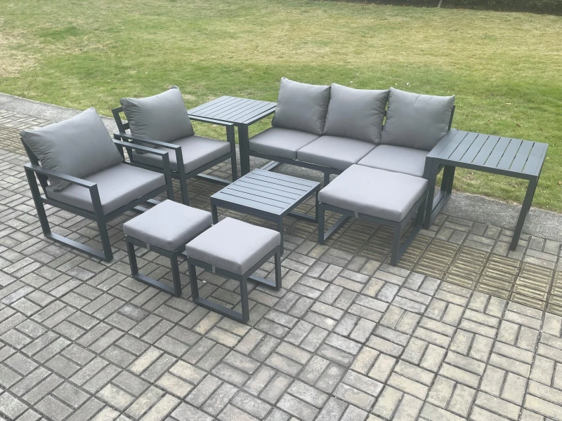 Image of Fimous Aluminium Outdoor Lounge Sofa Set Garden Furniture Sets with Square Coffee Table 2 Chairs 3 Footstools 2 Side Tables Dark Grey 8 Seater Dark Gr