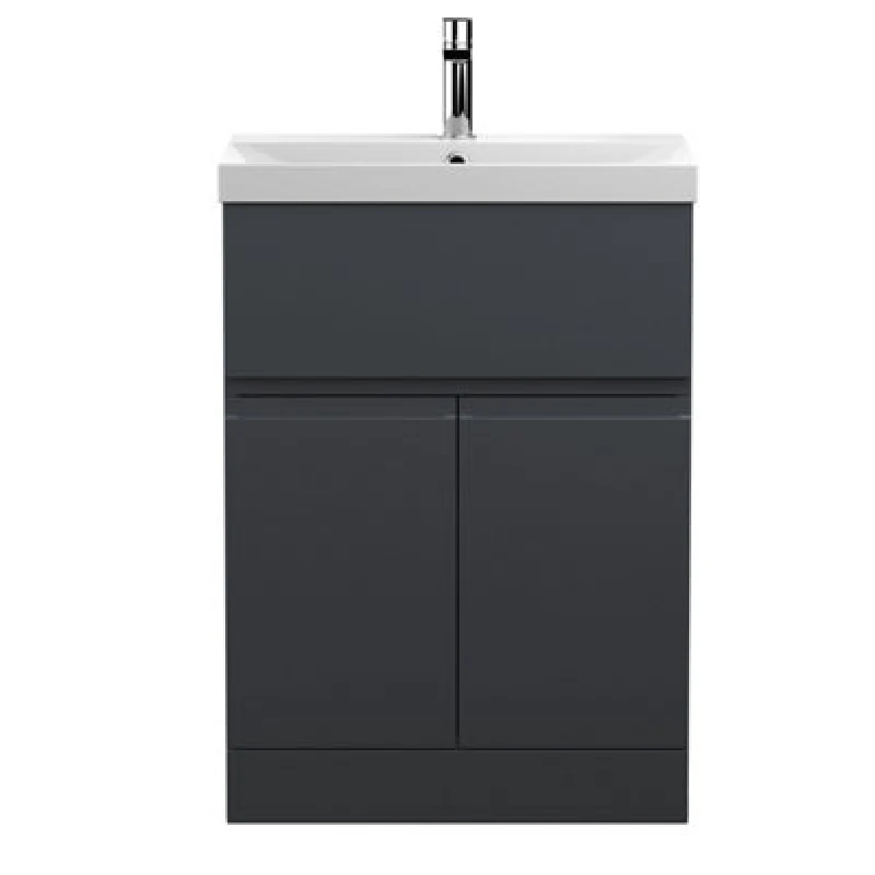 Image of Hudson Reed Urban Floor Standing 2 Door 1 Drawer Vanity Unit With Thin-Edge Basin, Modern Vanity Unit In Soft Black, 600mm