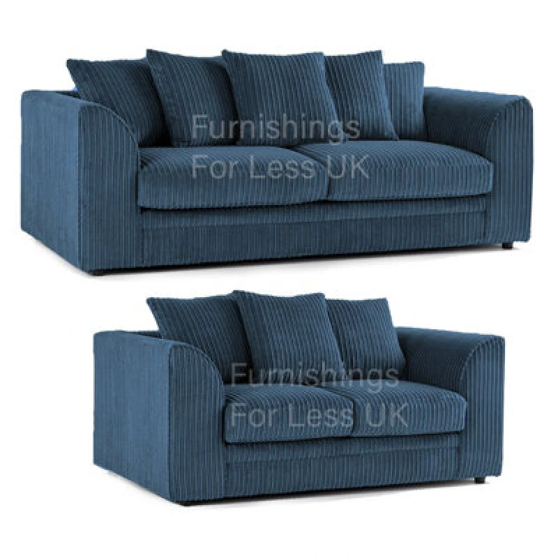 Image of Furnishings For Less UK Luxor Jumbo Cord Blue Fabric 3 + 2 Sofa Suite