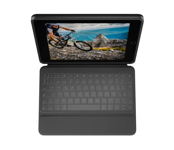 Image of Rugged Folio Ultra-protective keyboard case with Smart Connector for iPad (7th, 8th, 9th and 10th gen) - Graphite Espanol (Qwerty) for iPad (7th, 8th