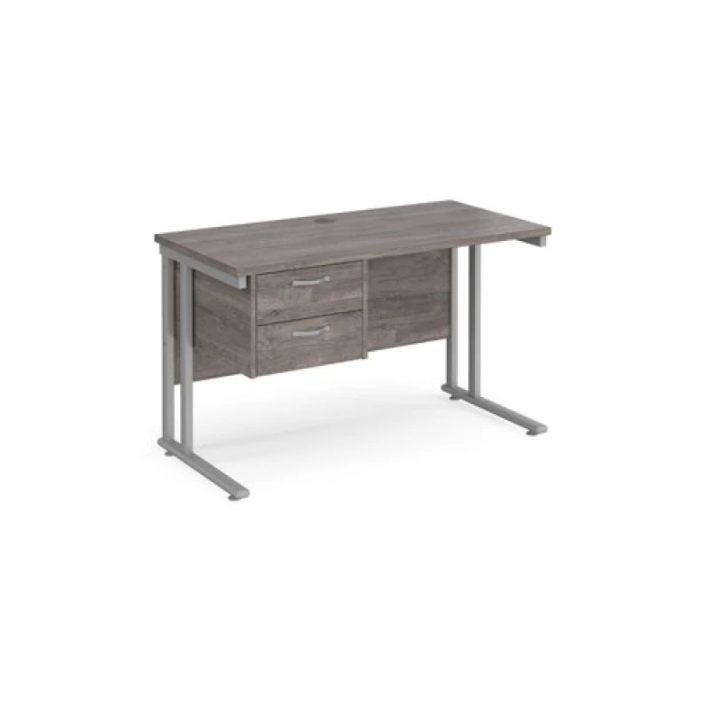 Image of Maestro 25 Grey Oak Straight Office Desk with 2 Drawer Pedestal and Silver Cantilever Leg Frame - 1200mm x 600mm