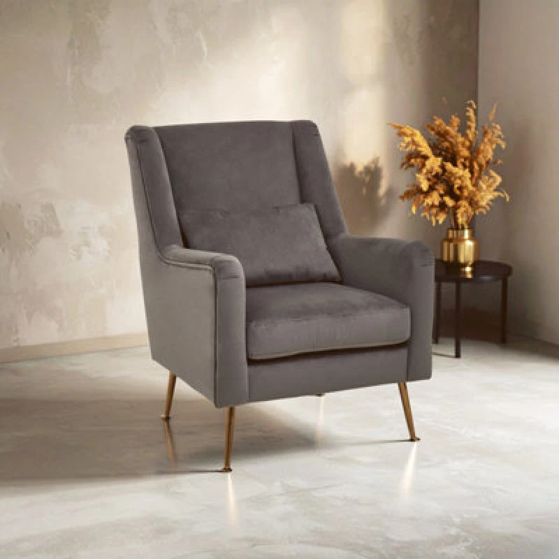 Image of Orsina Grey Velvet Armchair For Lounge, Angular Gold Leg Chair With Velvet Upholstery For Living Room, Home
