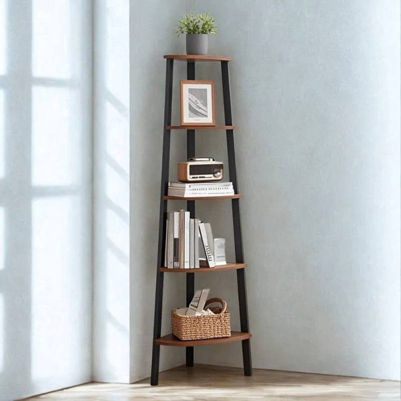 Image of Pirlo Plush 5 Tier Industrial Freestanding Corner Shelving Unit Rustic in Brown Brown Unisex