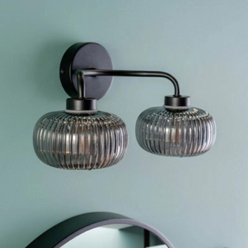 Image of ValueLights Amaia Black IP44 Bathroom 2 Way Smoked Ribbed Glass Wall Light with LED Bulbs Black unisex