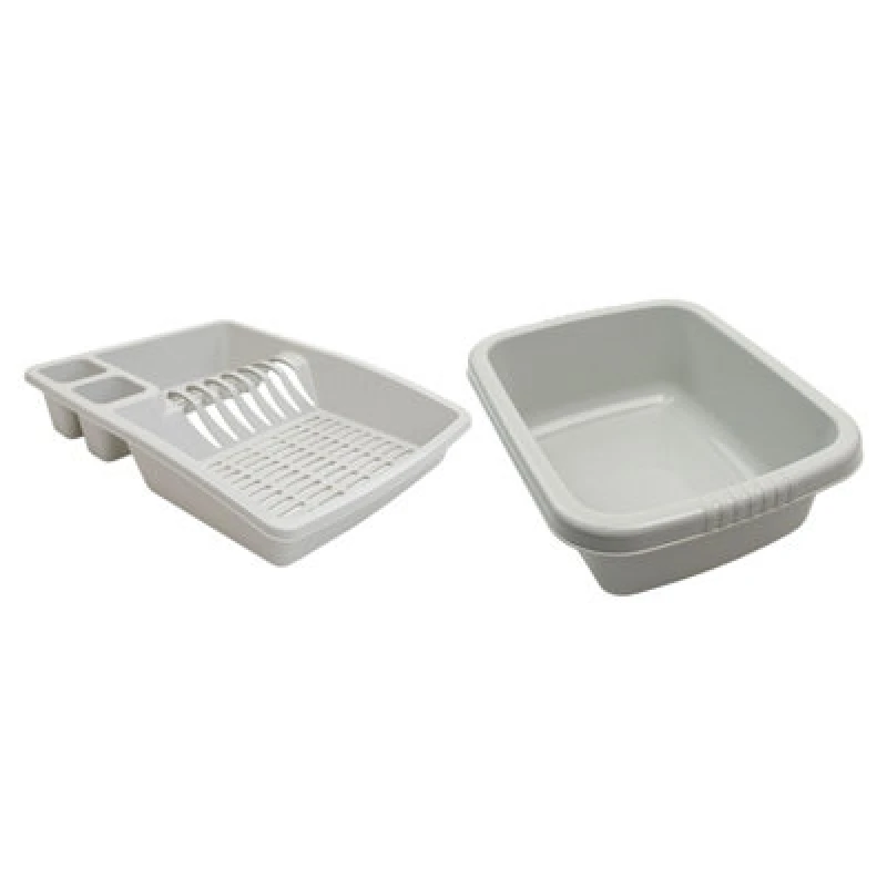 Image of Jvl Plastic Dish Drainer And Rectangular Washing Up Bowl Kitchen Set, Grey