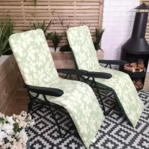 Image of Set of 2 Padded Outdoor Garden Patio Recliner / Sun Lounger Green with Leaf Pattern