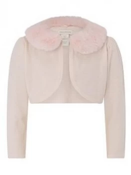 Image of Monsoon Baby Girls Faux Fur Collar Supersoft Cardigan - Pink, Size 0-3 Months